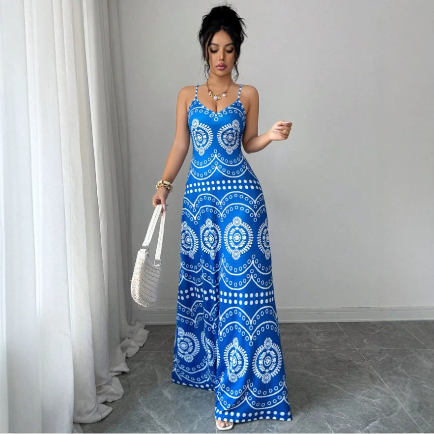 Women's Sleeveless V-Neck Printed Maxi Dress Slim Fit Summer
