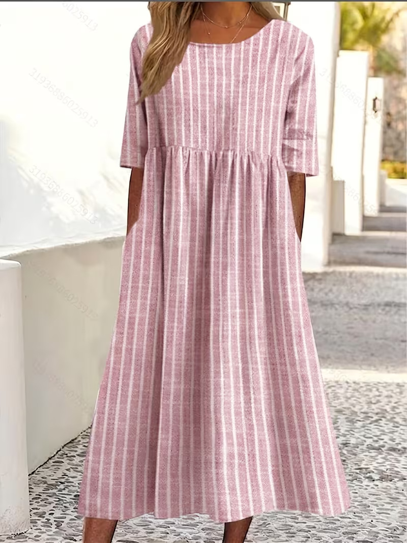 Women's Floral Print Ruched Midi Dress Round Neck Five-Sleeve Slim Fit