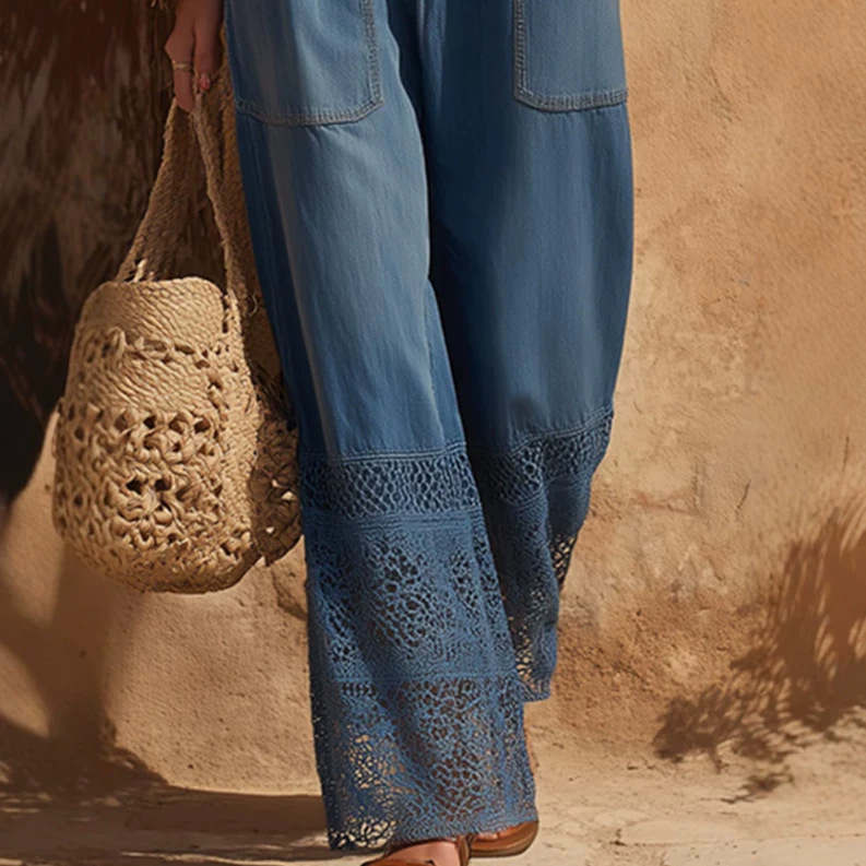 Retro Minimalist Blue Denim & Lace Patchwork Jumpsuit