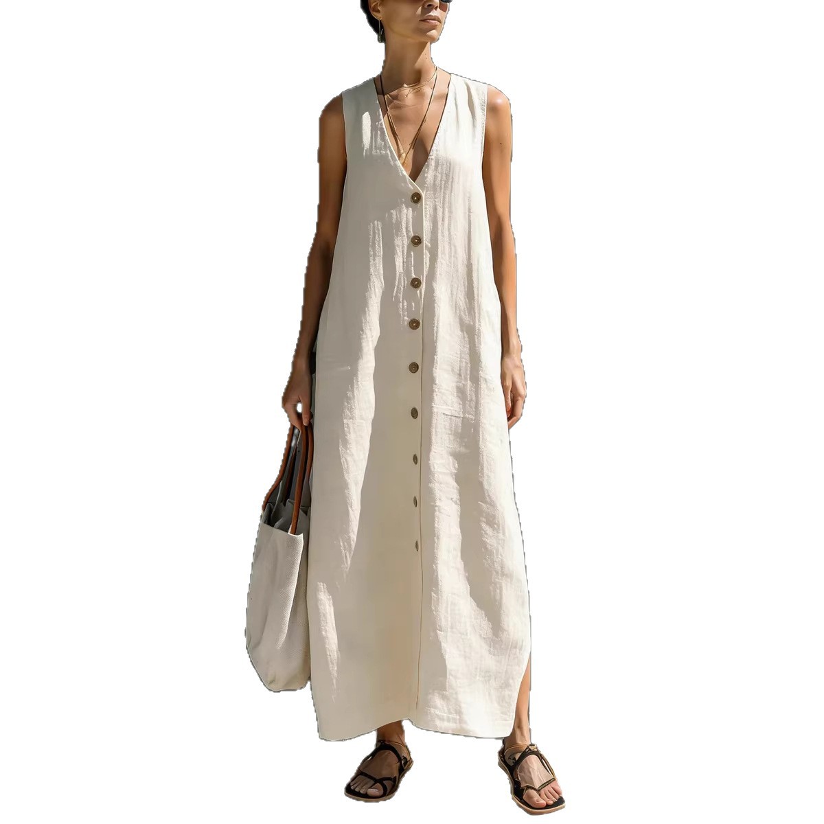 Solid V-Neck Button Sleeveless Cotton-Linen Maxi Dress