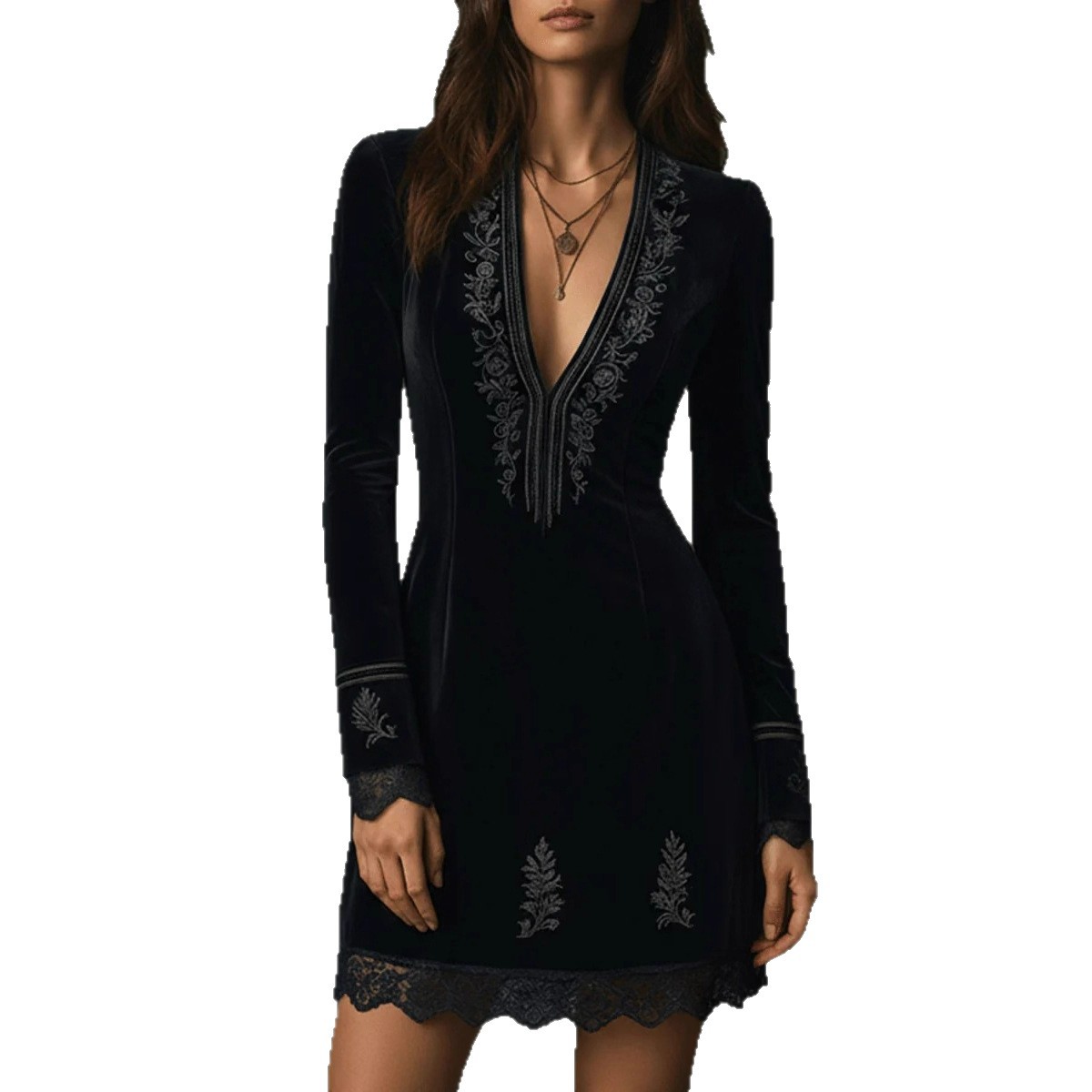 Velvet Embroidered Lace Trim V-Neck Long Sleeve Mini Dress