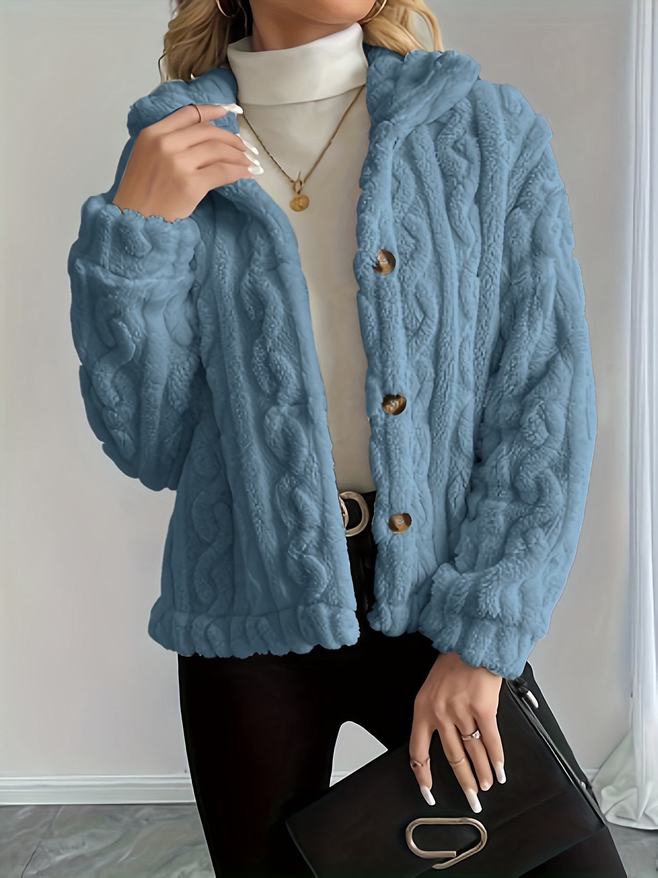 Double-Sided Fleece Cable-Knit Women's Jacket Cozy Warm Button-Up Coat