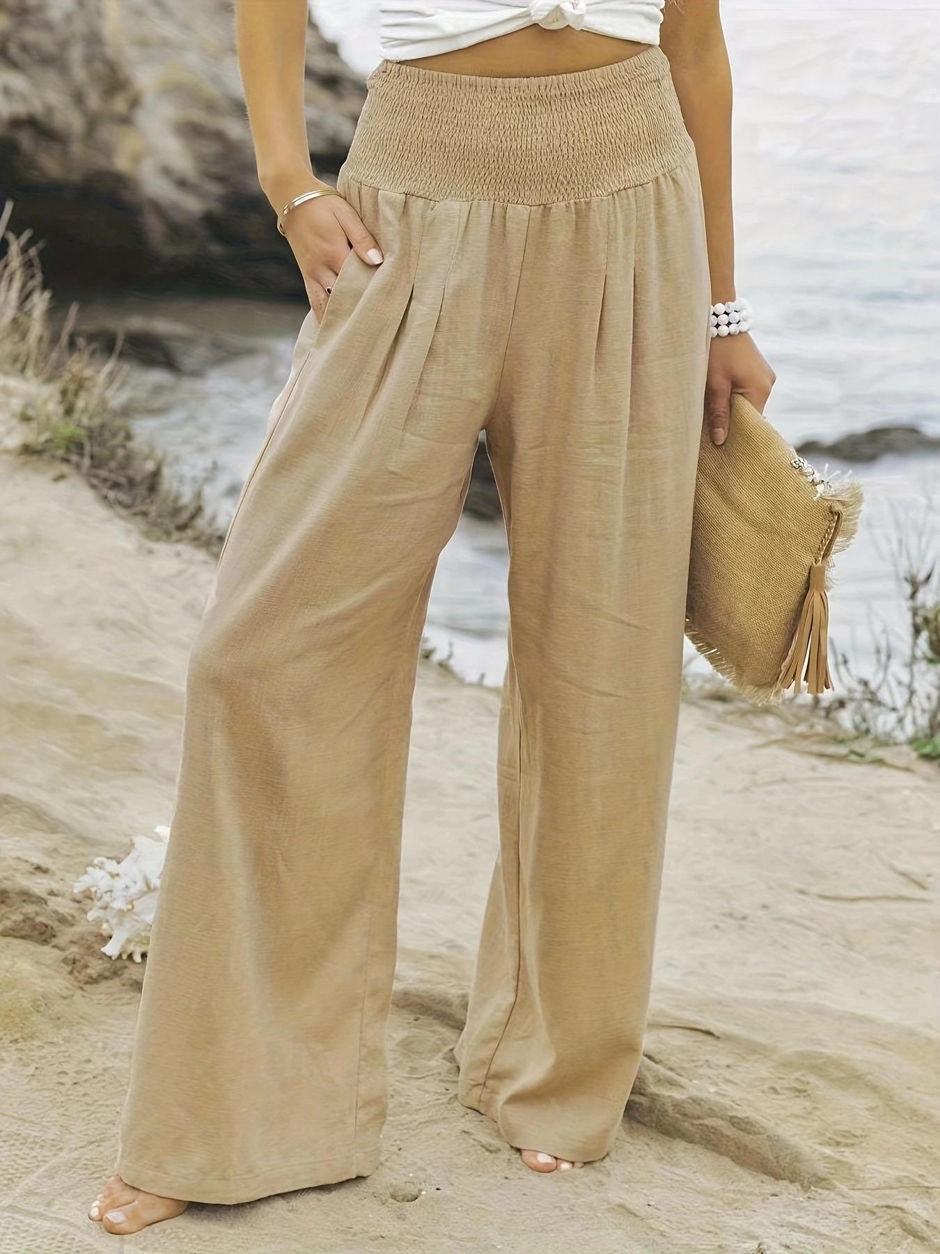 Women's Casual Cotton Distressed Mid-Rise Wide-Leg Pants