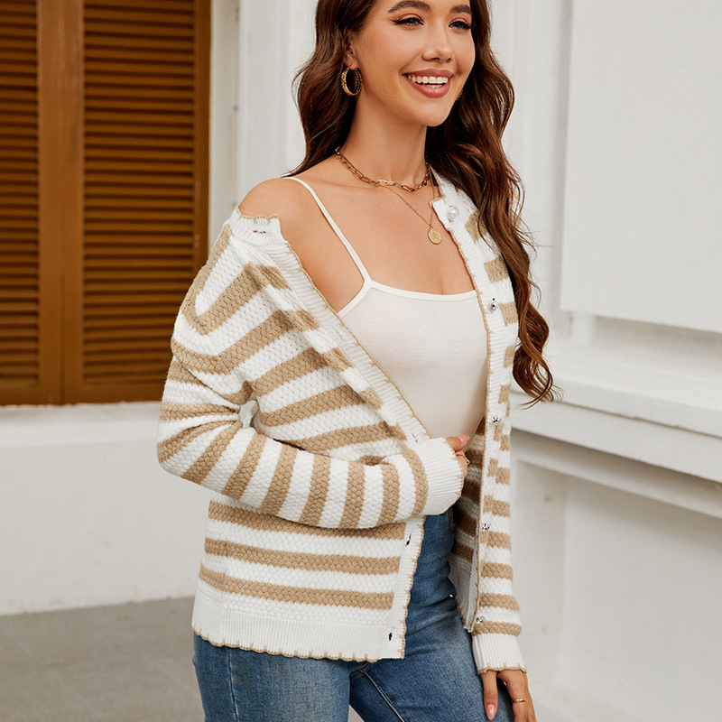 Women's Striped Button-Up Knit Cardigan Sweater