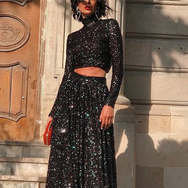 Elegant High Neck Long Sleeve Sequin Maxi Dress for Women