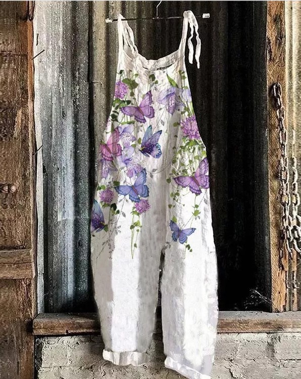 Women's Printed Cotton-Linen Cami Jumpsuit Sleeveless Wide-Leg Beach Romper