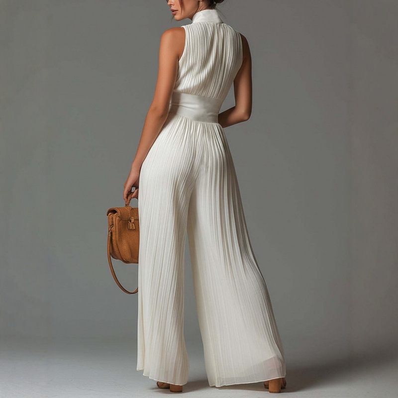 Pleated White Wide-Leg Halter Jumpsuit