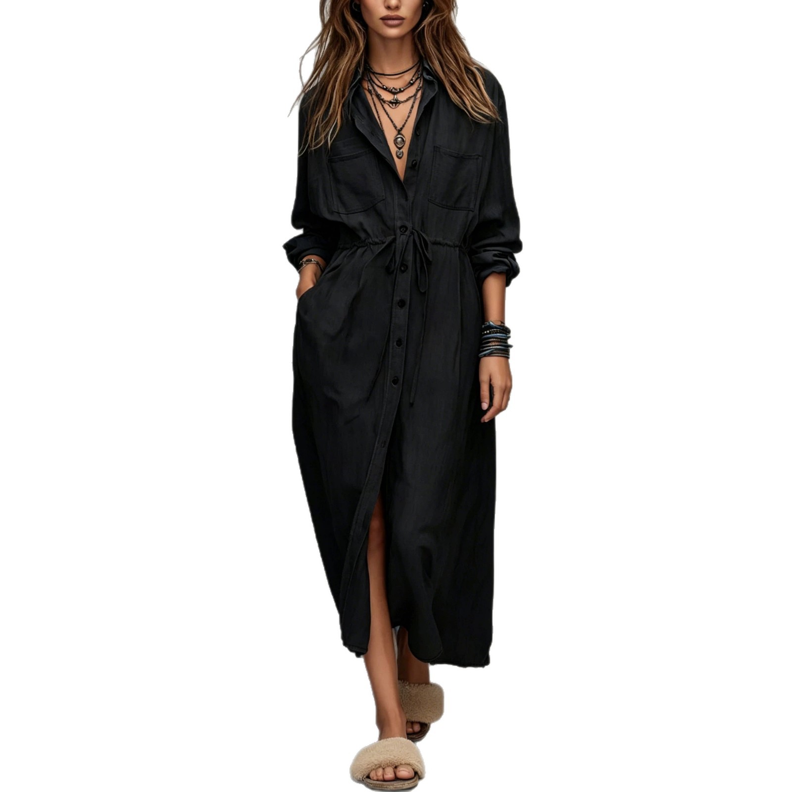 Women's Drawstring Waist Shirt Dress Loose Fit Midi A-Line