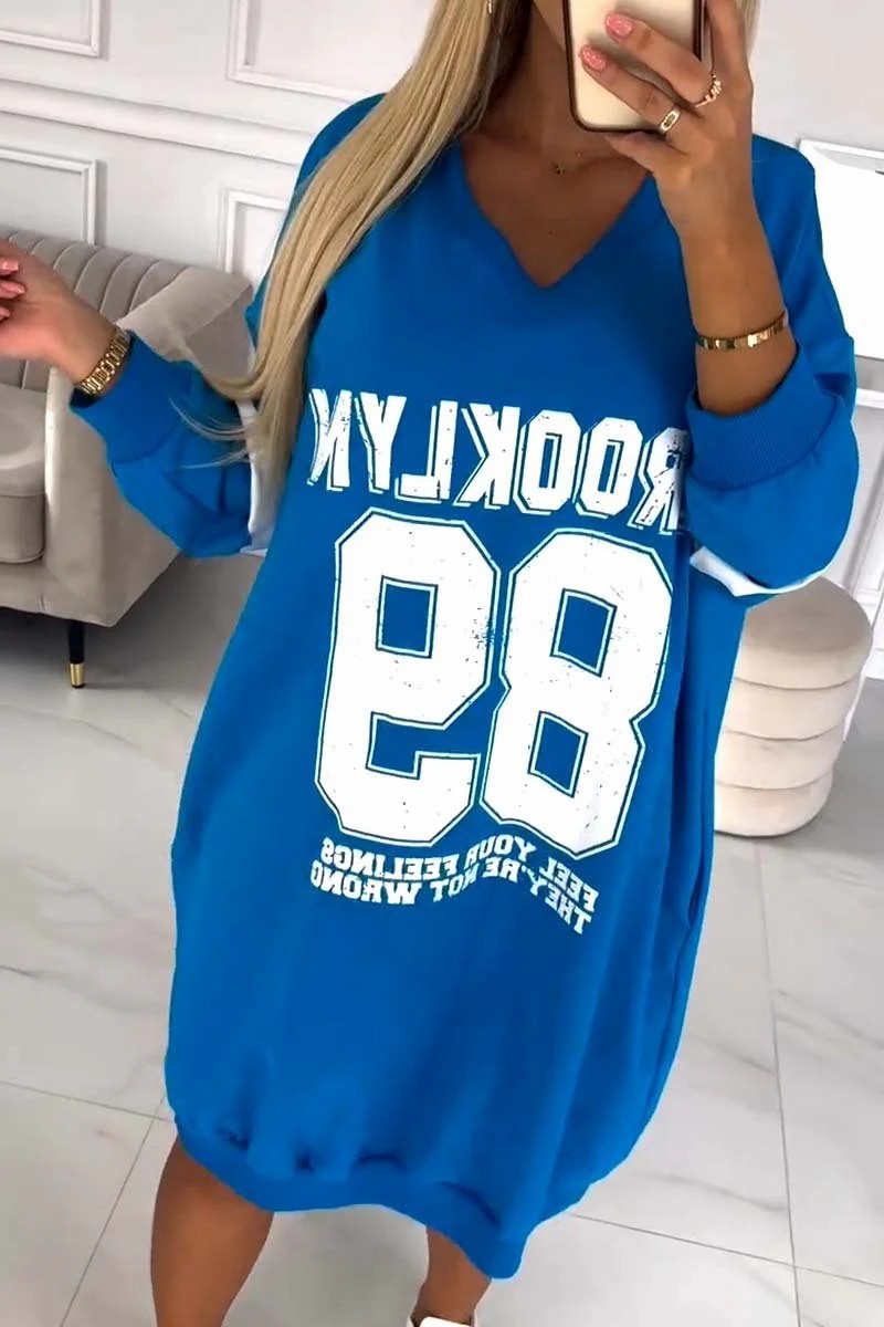 Women's Casual Letter Print Sweatshirt Dress V-Neck Long Sleeve A-Line Midi