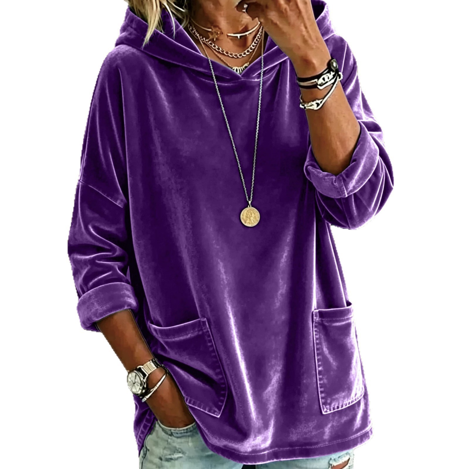 Casual Hooded Loose Fleece Solid Color Long Sleeve Pullover Sweatshirt for Women