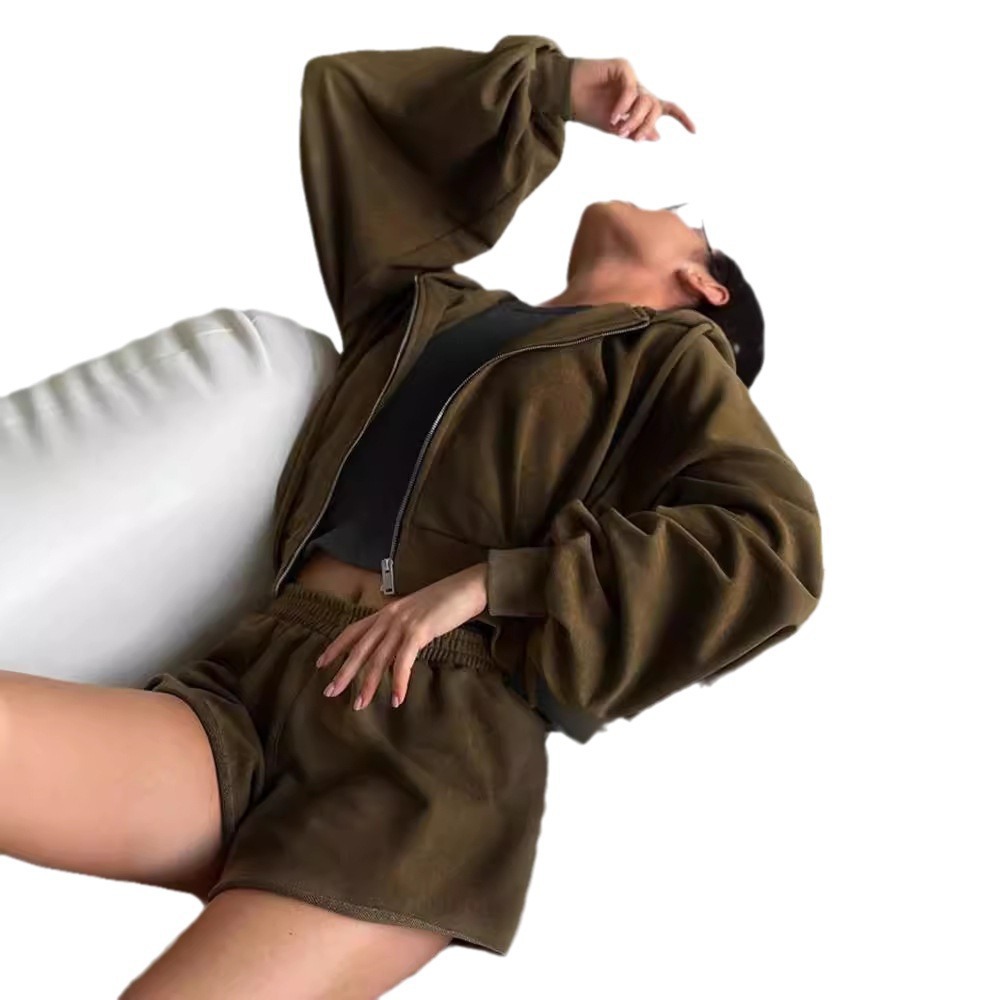 Women's Solid Color Long Sleeve Hooded Drawstring Sweatshirt and Shorts Set
