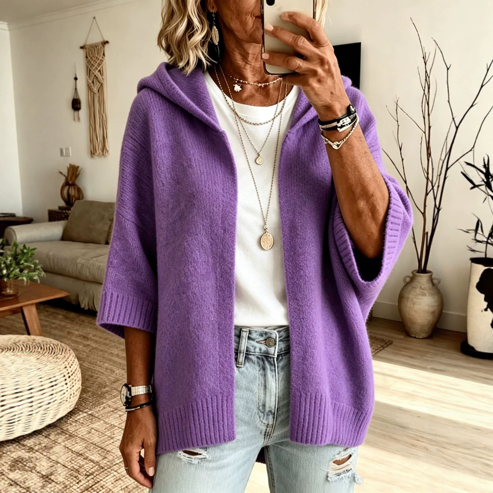 Women's 3/4 Sleeve Hooded Open-Front Knit Cardigan Solid Color Plus Size