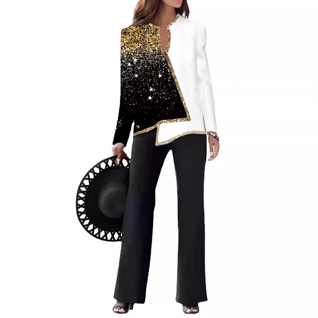 3D Digital Print V-Neck Asymmetric Shirt & Pants Set