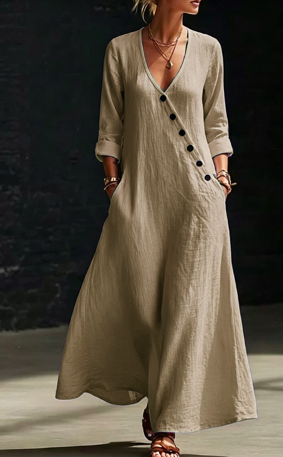 Women's V-Neck Button-Front A-Line Maxi Dress