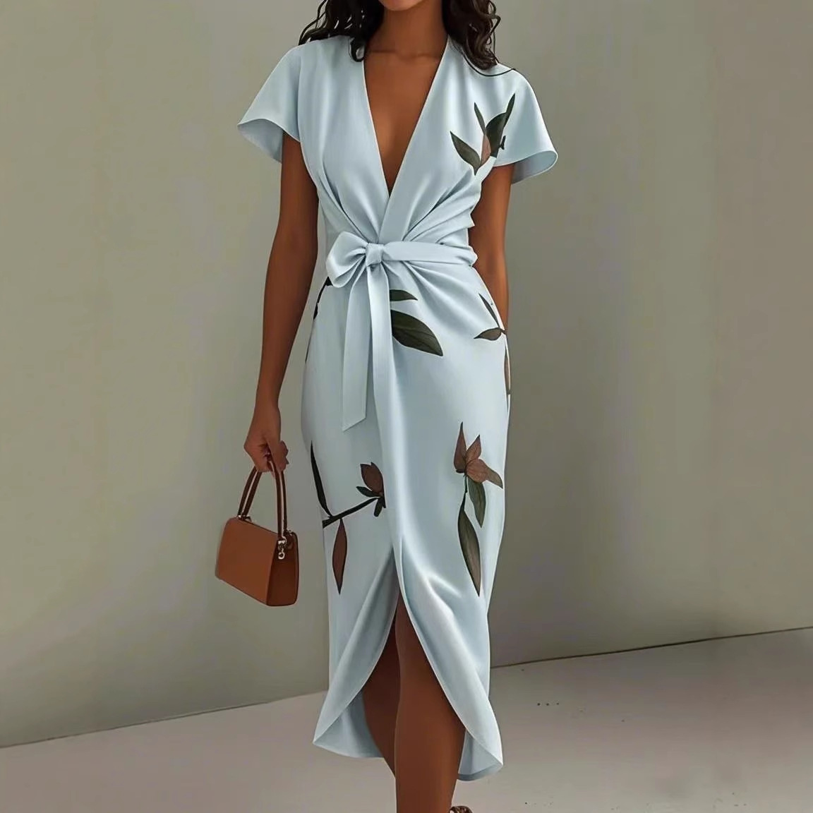 Satin Belted V-Neck Print Long Dress