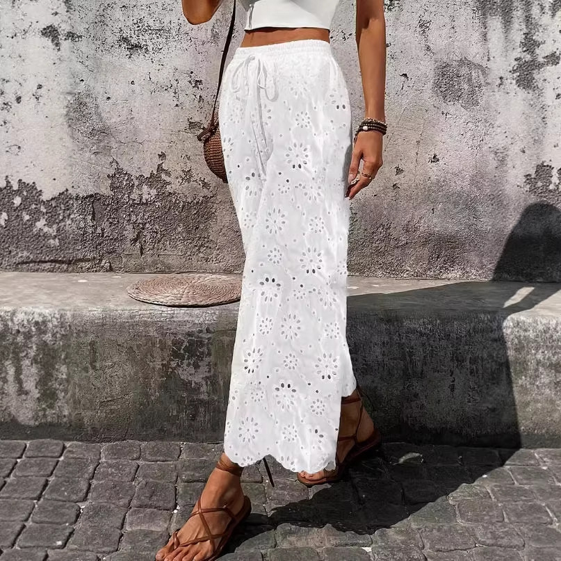 Women's Embroidered Cutout Drawstring Pants Casual Straight-Leg White