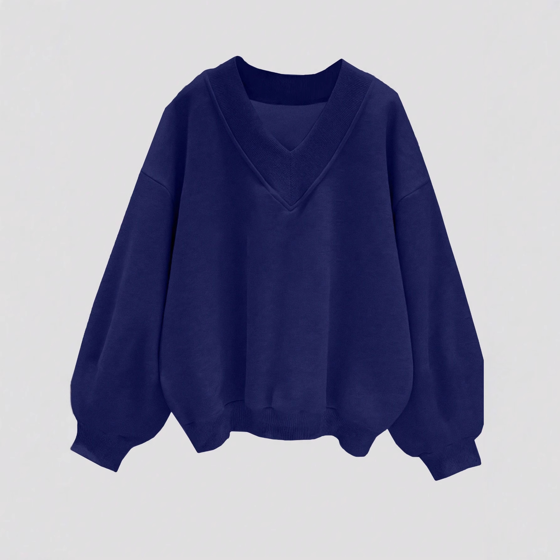 Gray V-Neck Pullover Sweatshirt Long Sleeve Loose Fit