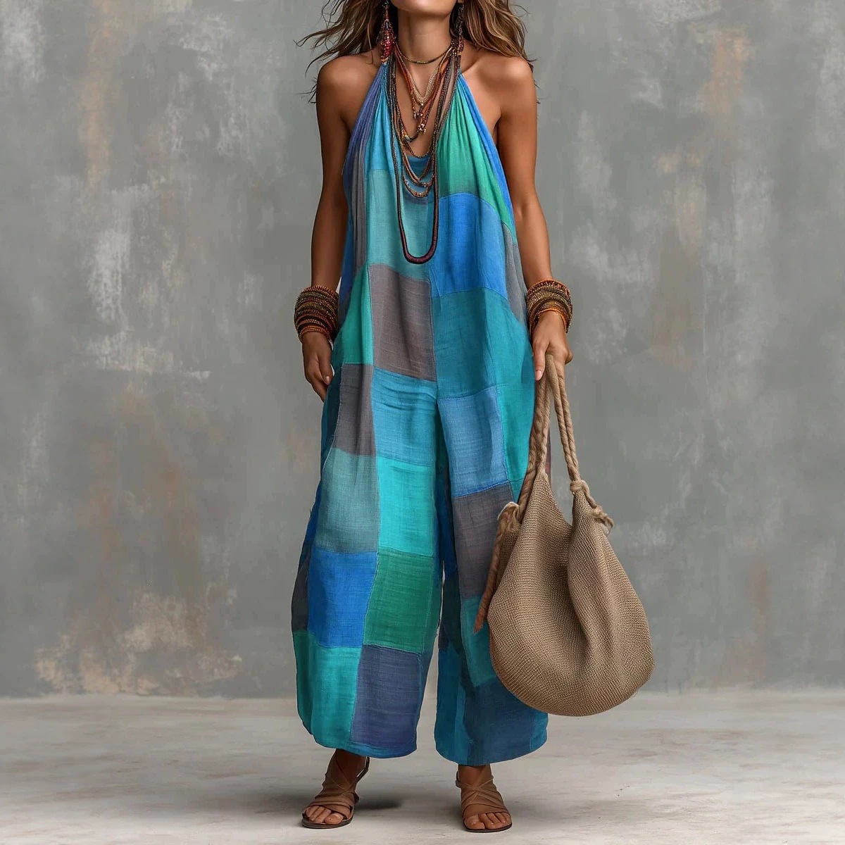 Women's Summer Plaid Print Sleeveless Wide-Leg Jumpsuit