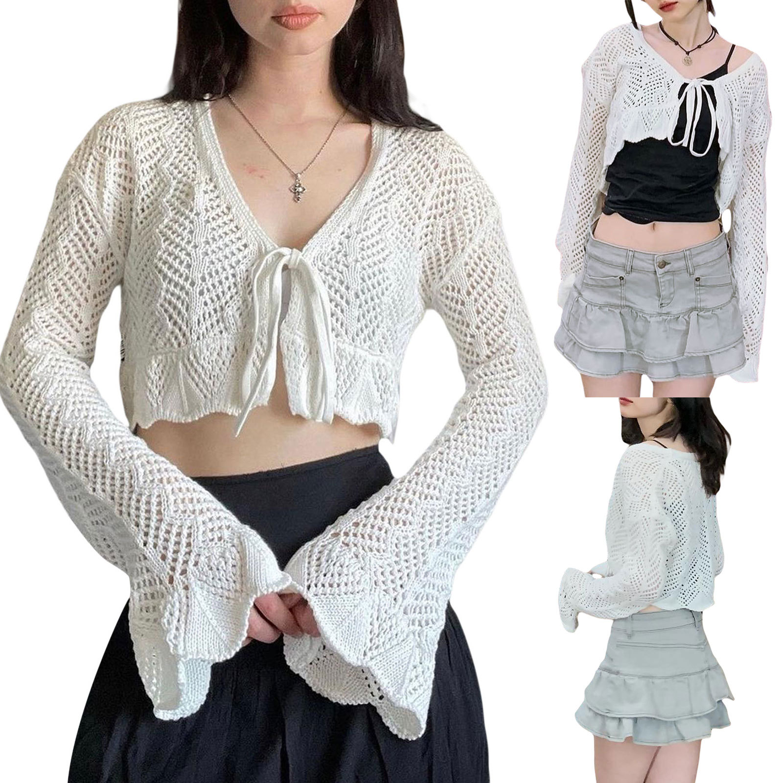 Women's Open-Knit V-Neck Tie-Front Bell-Sleeve Cardigan