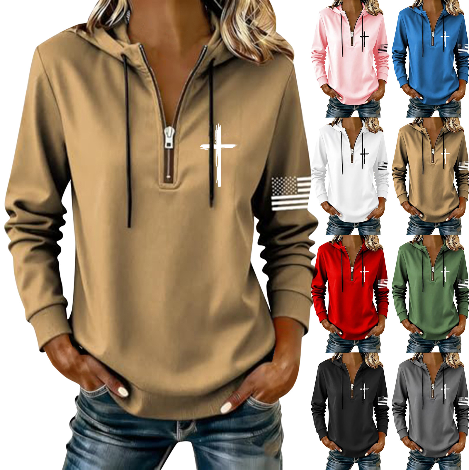 Women's Cross & American Flag Print Half-Zip Sweatshirt