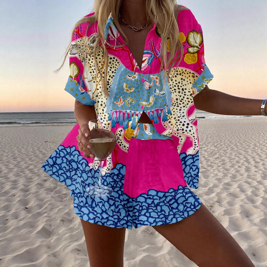 Women's Animal Print Short Sleeve Collared Top Set