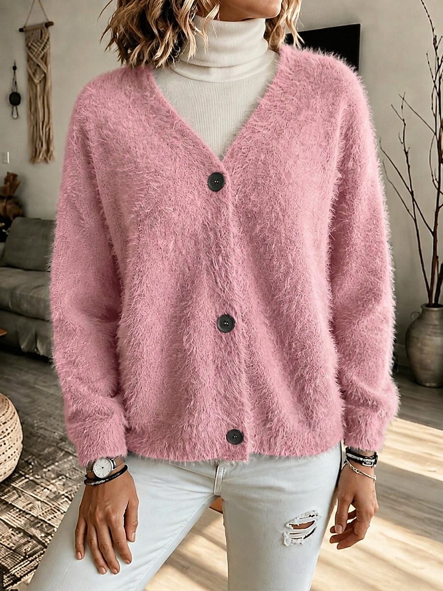 Faux Mink Knit Cardigan V-Neck Loose Long Sleeve Sweater Coat