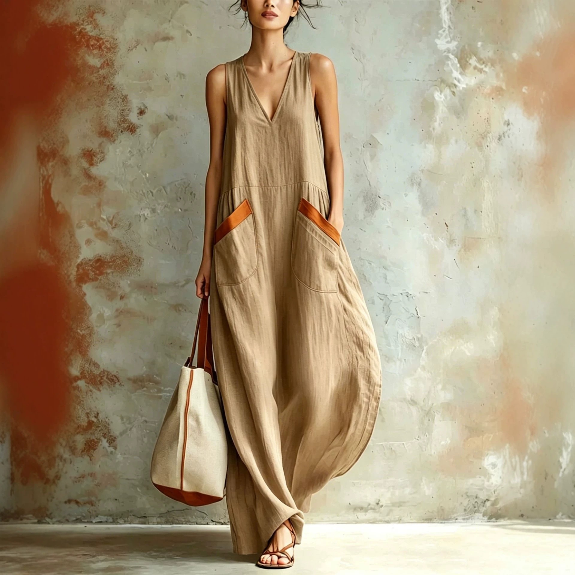 V-Neck Loose Lightweight Sleeveless Maxi Dress