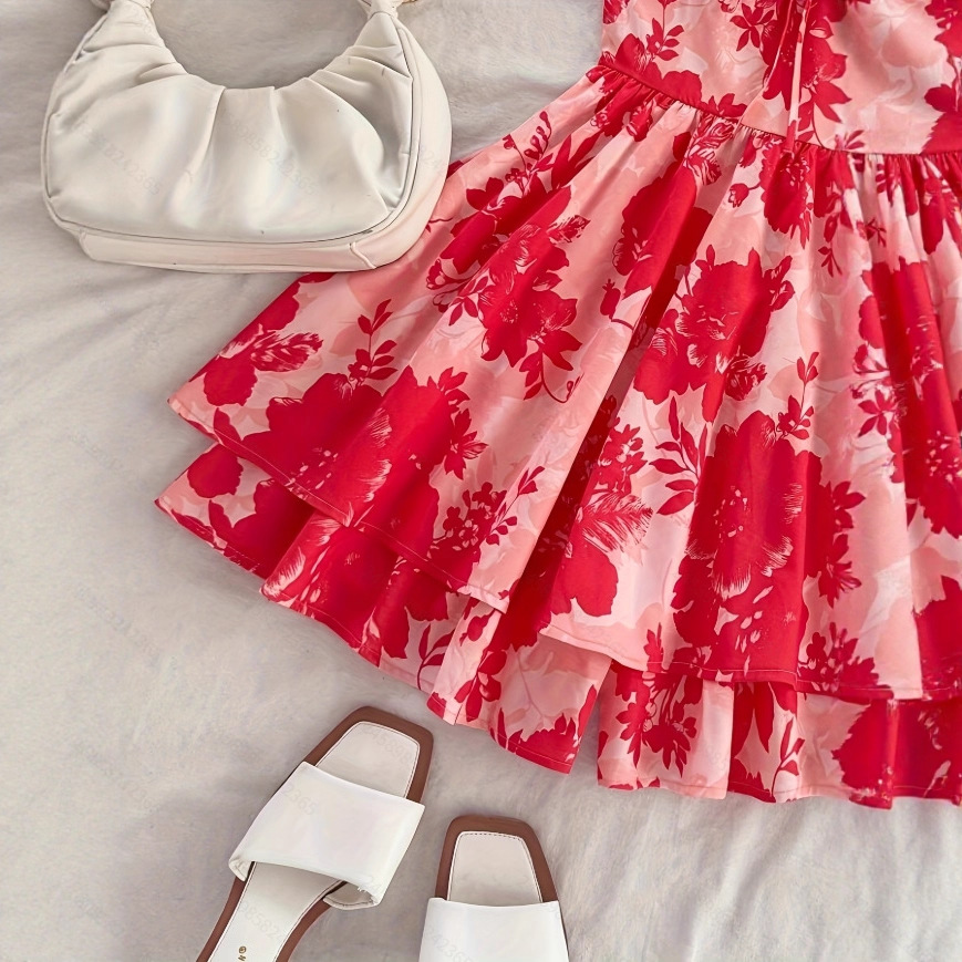 Women's Red Floral Print Spaghetti Strap Ruffle Neck Ruched Bodice Fit and Flare A-Line Dress
