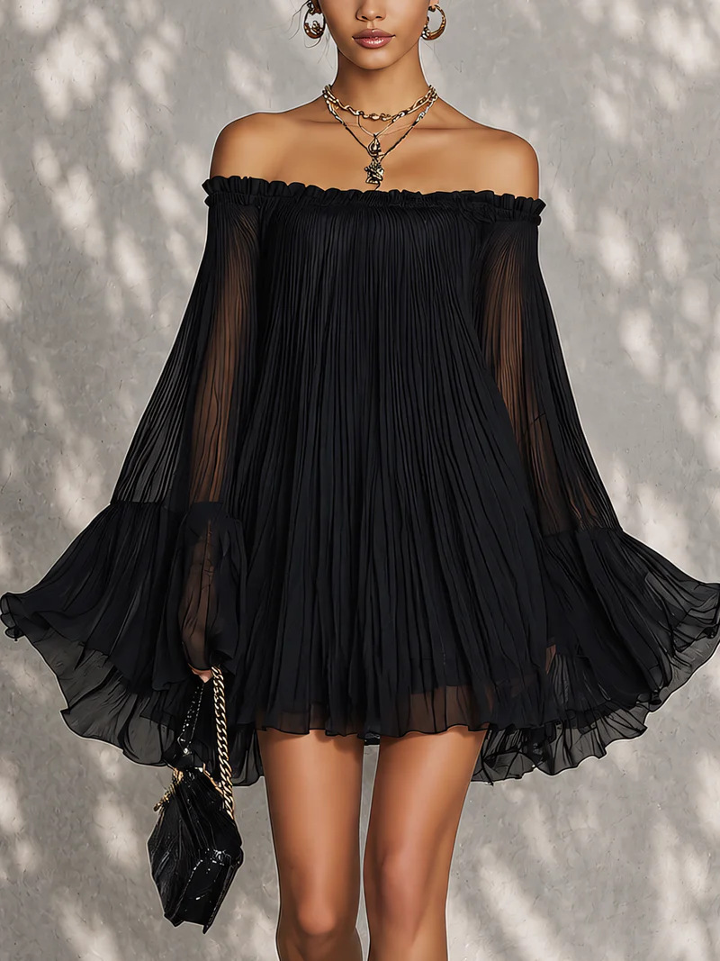 Off-Shoulder Pleated Dress Women's Flowy Midi Skirt