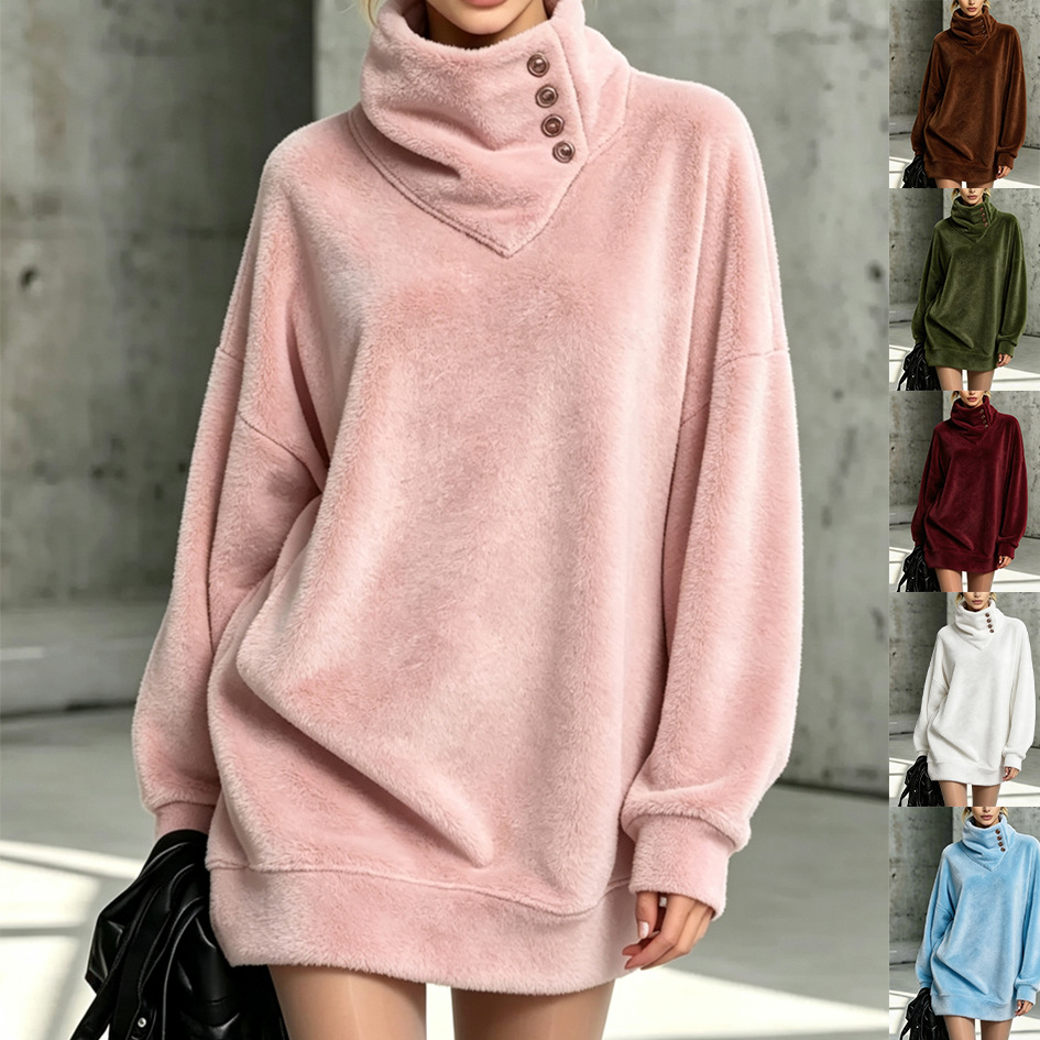 American Retro Button-Front Fleece Hoodie Women's Loose Mid-Length
