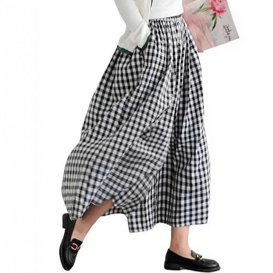 Women's Plaid Linen-Blend Wide-Leg Pants Loose Casual
