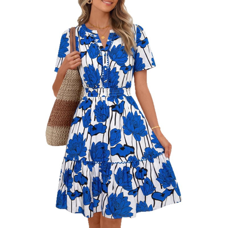 Women's Floral A-Line Short Sleeve V-Neck Midi Dress