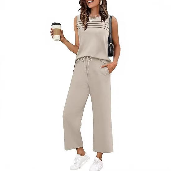 Women's Sleeveless Crewneck Top and Pants Two-Piece Set Casual Solid Color