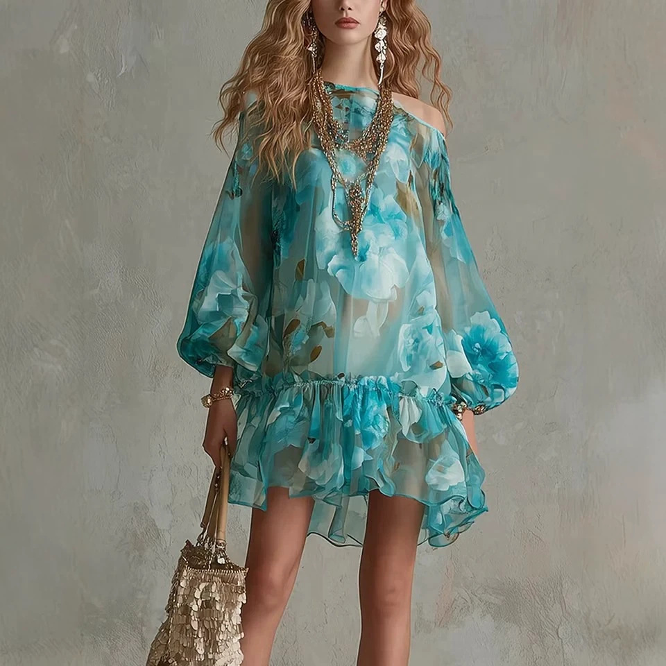 Lake Blue Watercolor Floral Off-Shoulder Bubble-Sleeve Ruched Ruffle Vacation Mini Dress