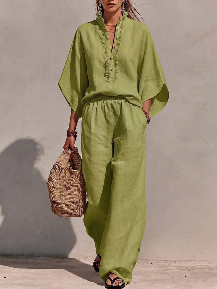 Women's Solid Color Stand Collar 3/4 Sleeve Loose Top and High Waist Wide Leg Pants Cotton Linen Casual Set