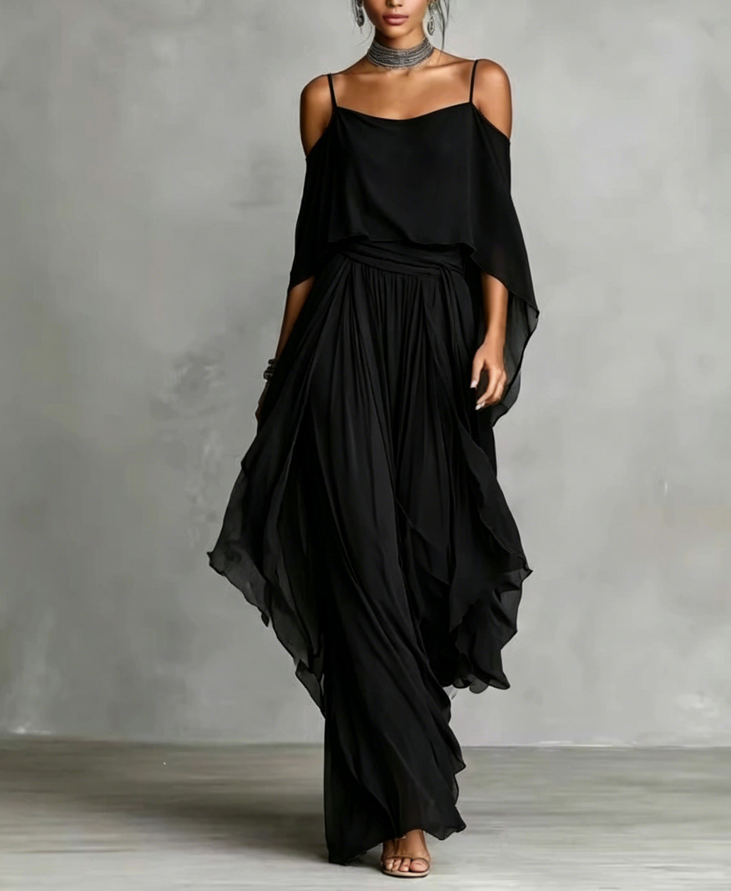 Gray Chiffon Off-Shoulder Cami & Wide-Leg Pants Set