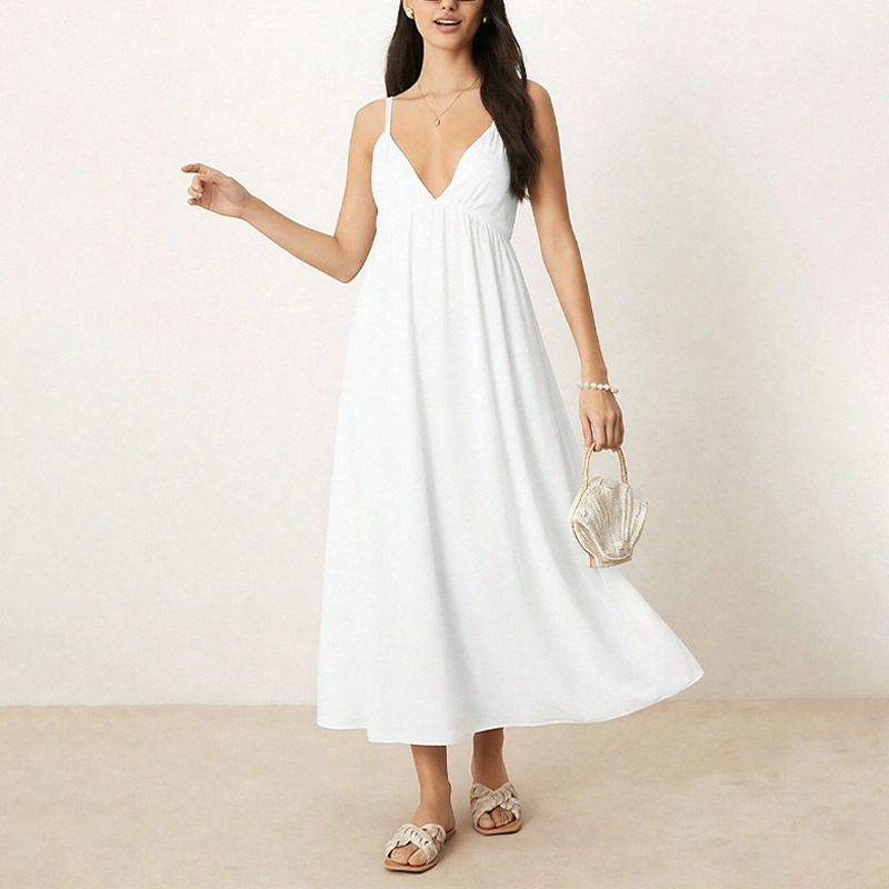 Women's Sleeveless V-Neck Open-Back Solid Color A-Line Midi Dress
