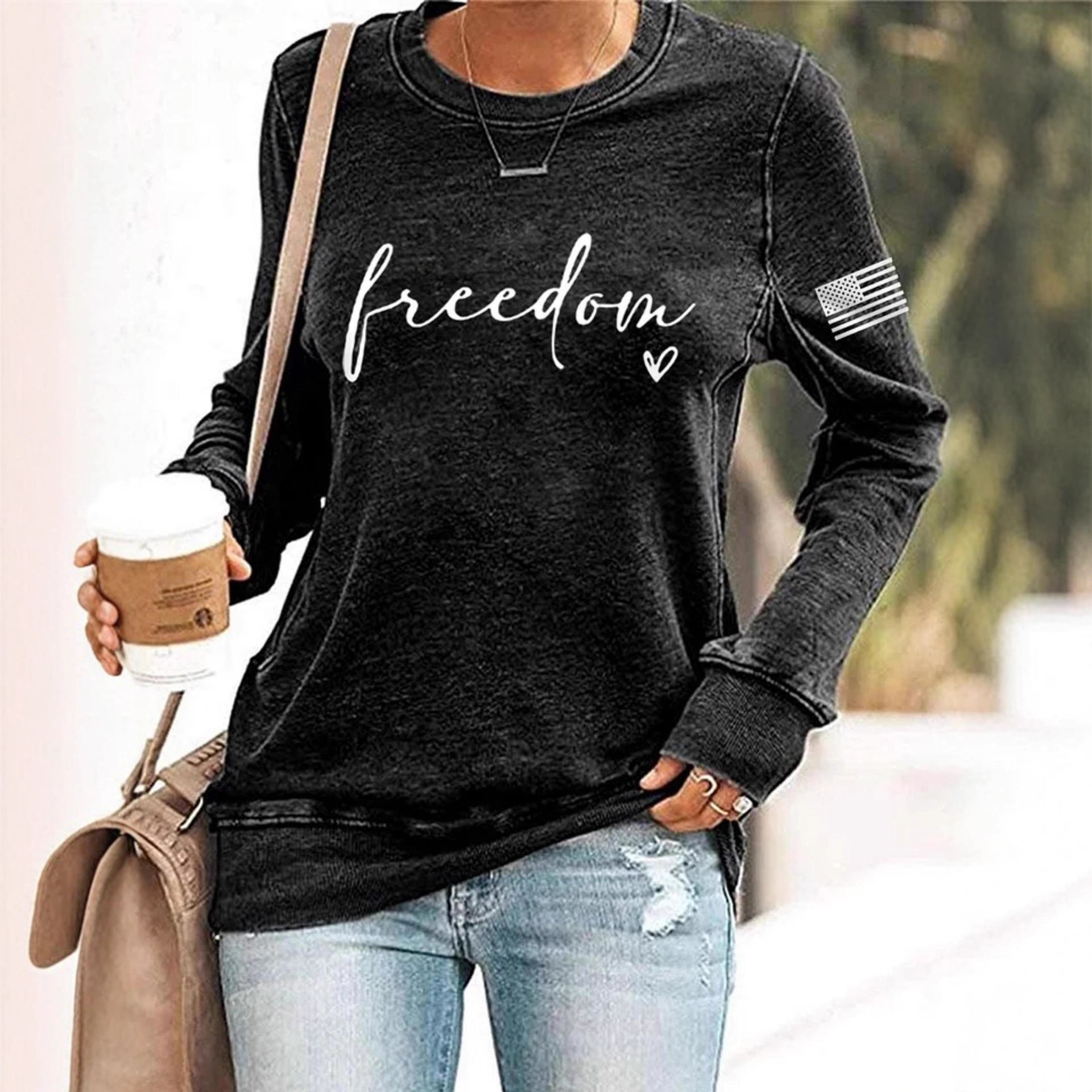 Women's Line Letter Heart Print Crewneck Sweatshirt