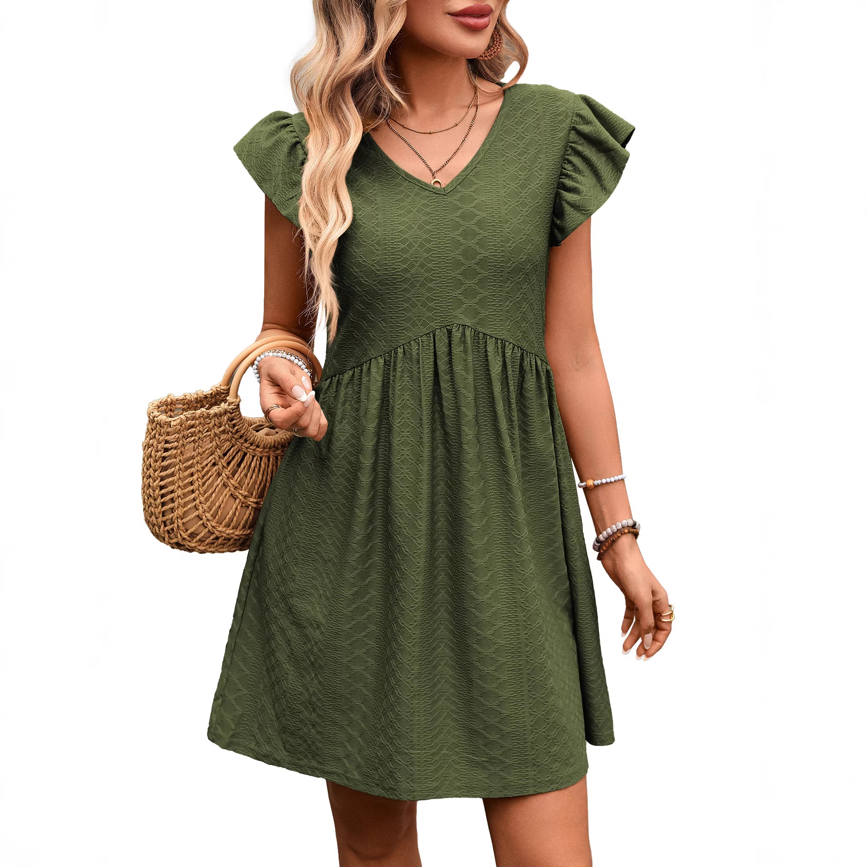 V-Neck Ruffle Sleeve Flowy Midi Dress
