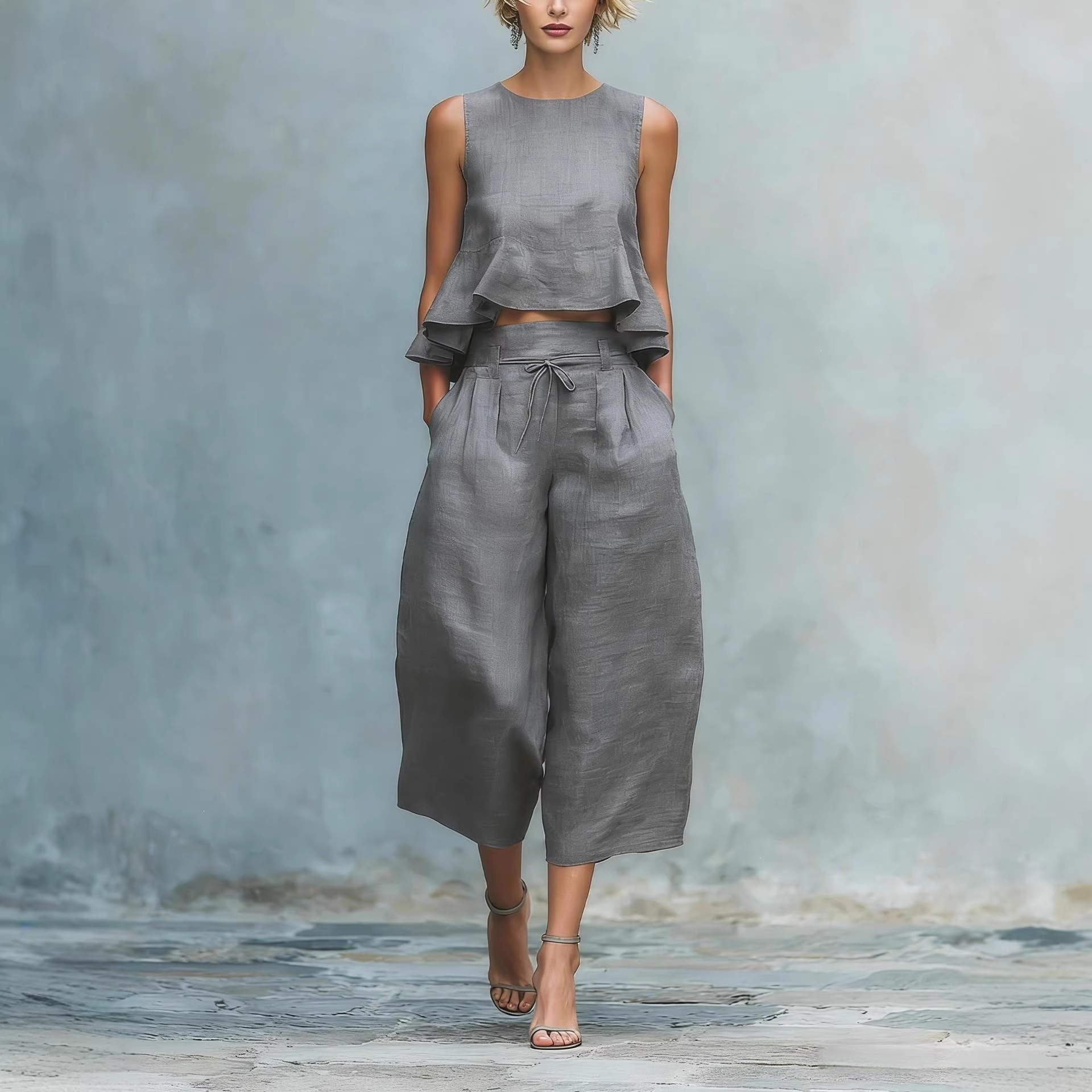 Sleeveless Ruched Tank Top & Wide-Leg Pants Cotton-Blend Set