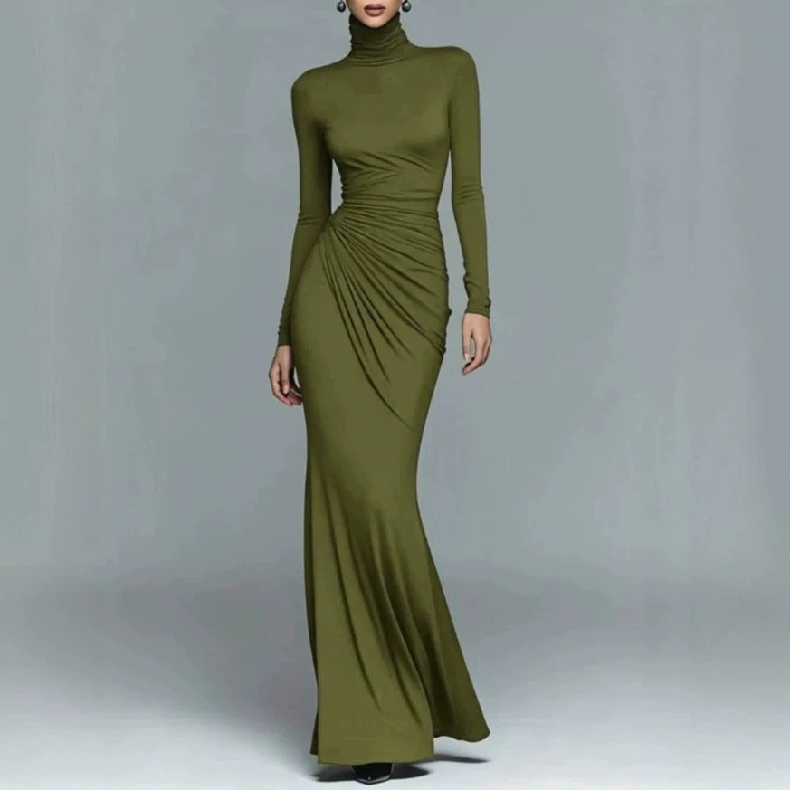 Solid High-Neck Long-Sleeve Fitted Waist-Cinching Maxi Dress