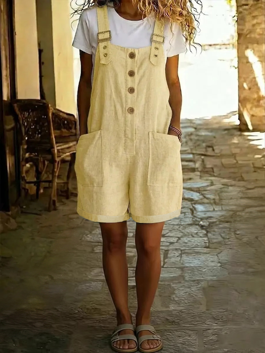 Women's Cotton-Linen Solid Color Vintage Straight-Leg Overall Shorts with Pockets