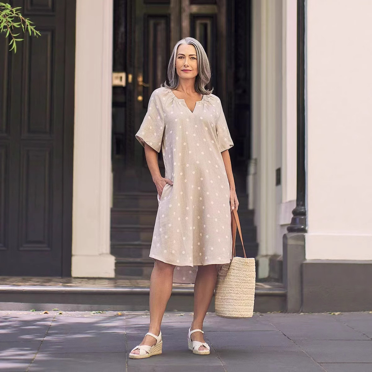 V-Neck Short Sleeve Polka Dot Midi Dress with Pockets