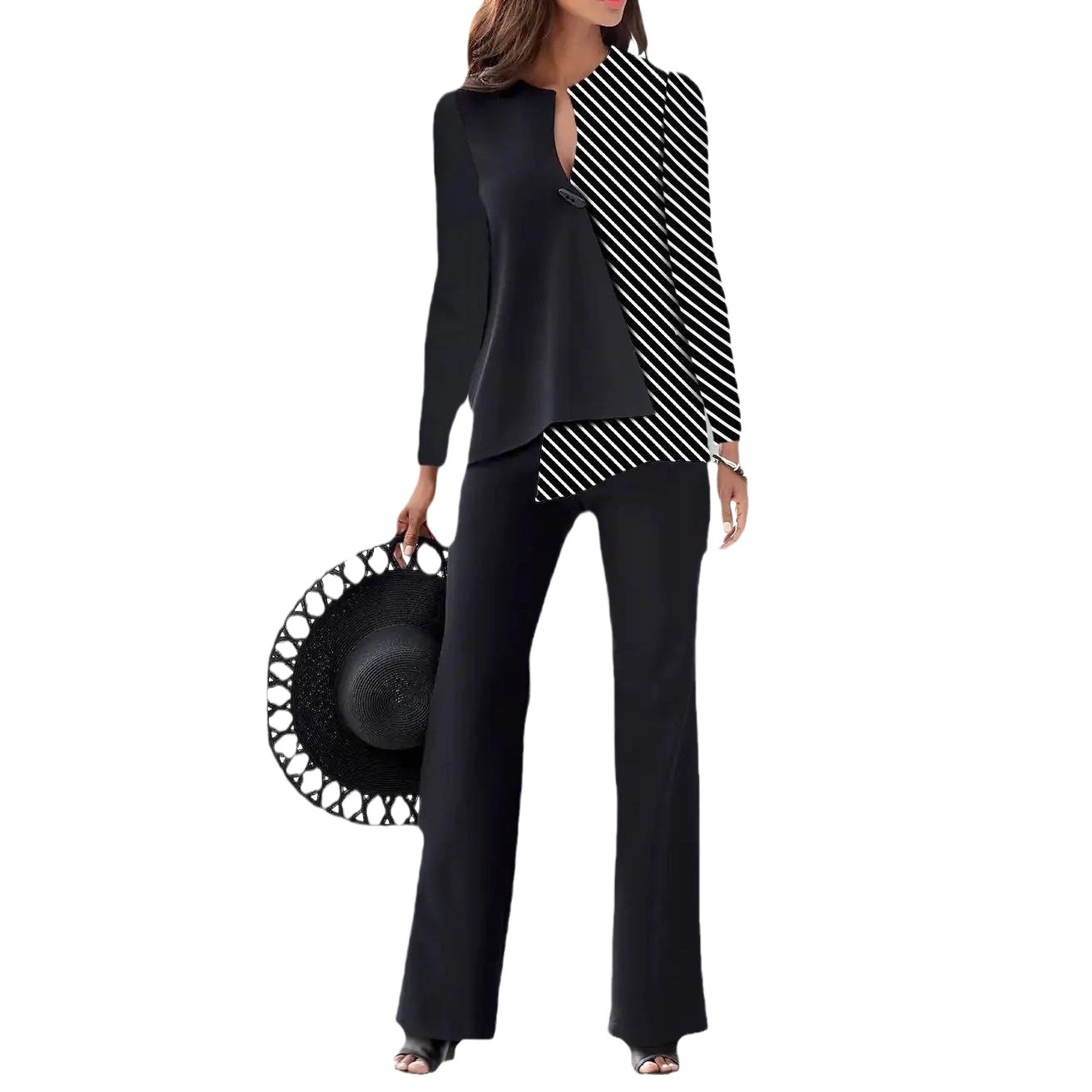 Women's Color-Block Long-Sleeve Shirt & Pants Set Casual Loose Fit