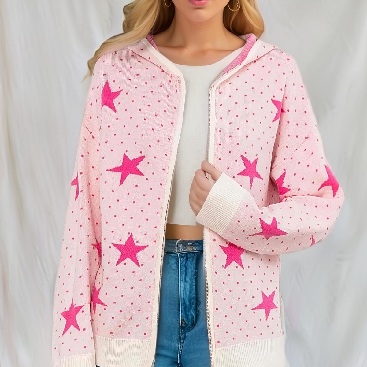 Women's Chunky Knit Hooded Zip Cardigan Sweater with Double-Sided Jacquard Color-Block