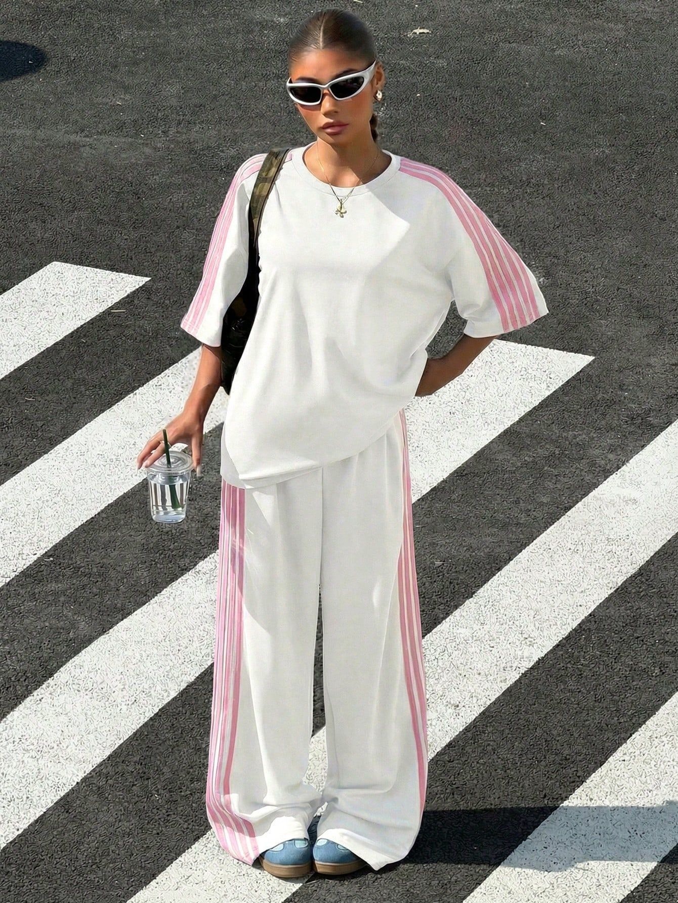 Women's Loose Short-Sleeve Tee & Striped Wide-Leg Pants Set