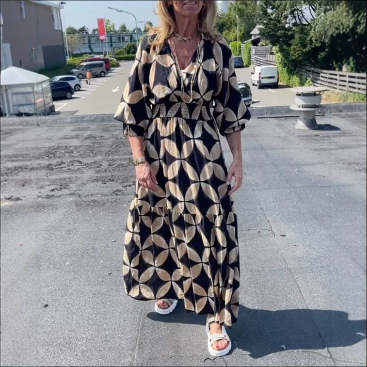 Women's Loose V-Neck Coin Print Maxi Dress