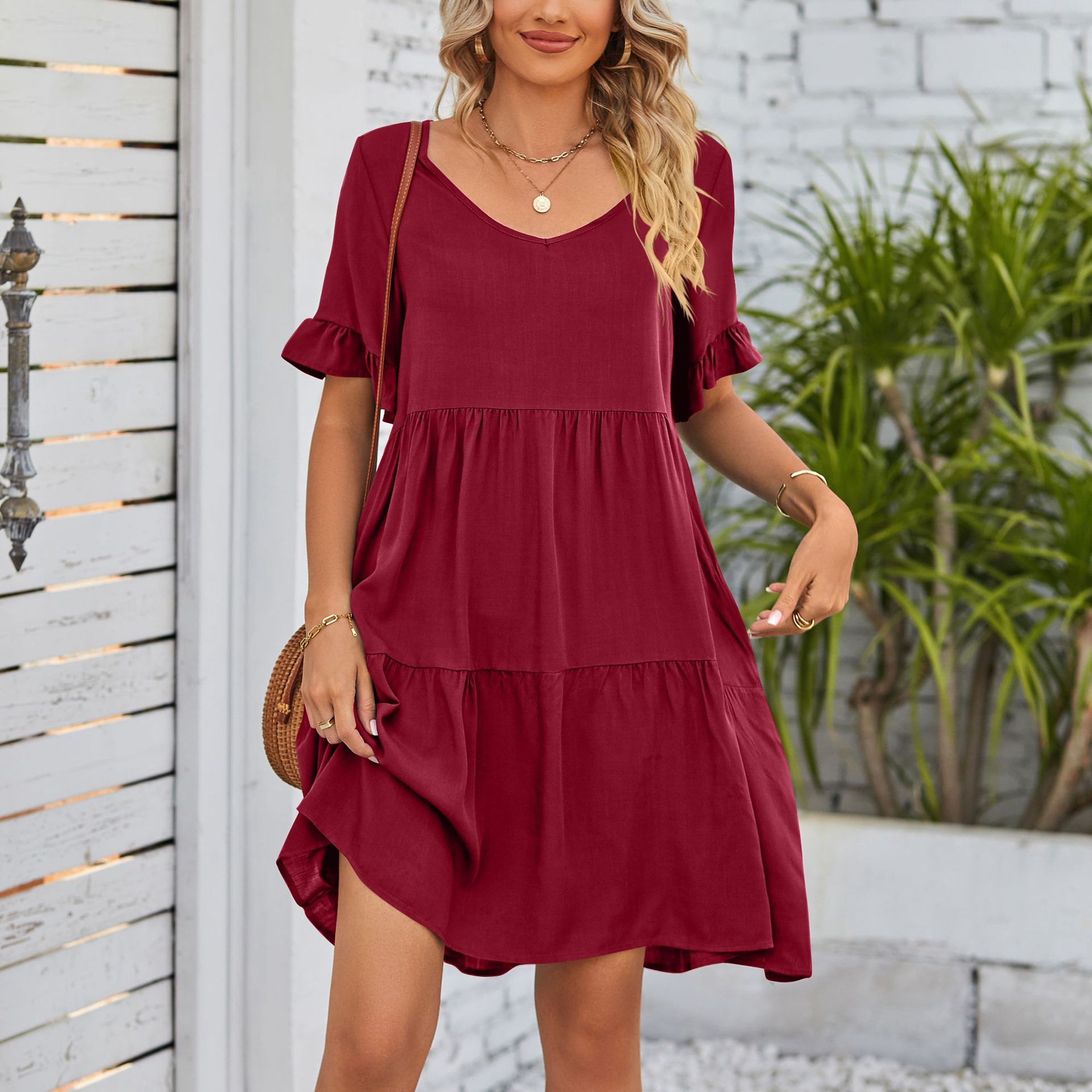 Women's Summer V-Neck Babydoll Dress with Three-Tier Ruffle