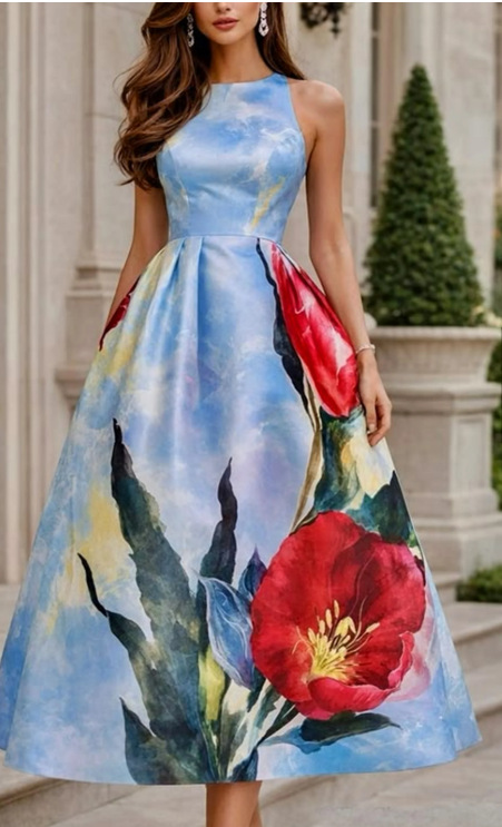 Women's Sleeveless Round Neck Floral Print Long Dress