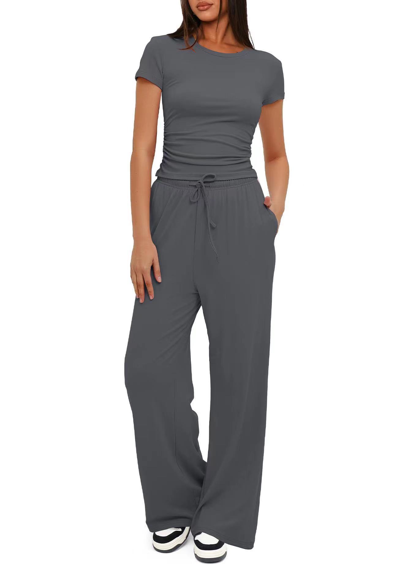 Solid Ruched Short Sleeve Top and High Waist Wide Leg Pants Set